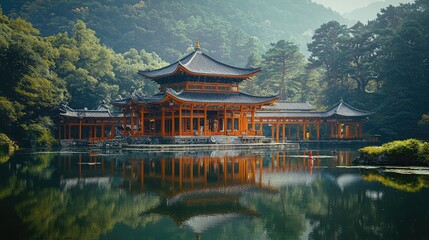Serene Maka Temple Surrounded by a Sacred Lake with Stunning Reflections and Lush Greenery in a Tranquil Mountain Landscape