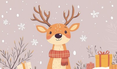 Naklejka premium Christmas card with cartoon reindeer on pink background.