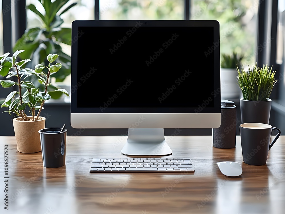 Poster Modern Workspace with Empty Computer Screen Surrounded by Green Plants, Coffee Cups, and Minimalist Design Elements in a Bright Office Environment