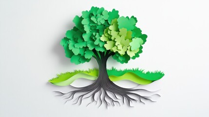 Obraz premium A pure white background featuring a green tree with roots, symbolizing deep environmental connections and sustainability, Simplified flat paper art illustration of