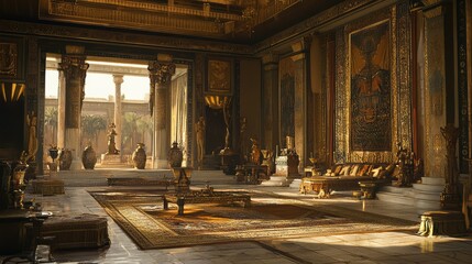Naklejka premium Majestic and Luxurious Interior of Royal Chambers with Ornate Decorations, Elegant Furniture, and Exquisite Art Pieces Presenting a Regal Atmosphere of Opulence