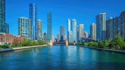 Fototapeta premium Stunning Skyline View of a Busy Urban City with a River Flowing Through the Heart of Modern Architecture and Lush Greenery on a Bright, Clear Day