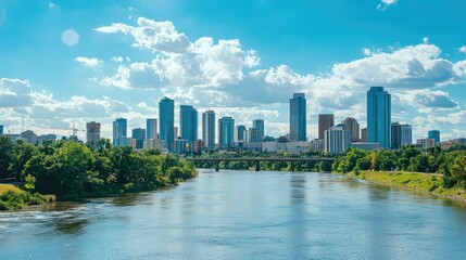 Fototapeta premium Stunning Skyline of a Busy Urban City with a River Flowing Through, Showcasing Modern Architecture and Vibrant Nature Under a Clear Blue Sky