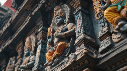 Fototapeta premium Stunning Traditional Hindu Temple adorned with Colorful Sculptures Showcasing Intricate Details of Deities and Cultural Heritage