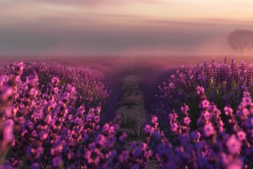 Fototapeta premium A serene landscape featuring a field of purple flowers and a lone tree standing out in the distance