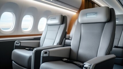 Fototapeta premium Luxurious and Spacious Airplane Interior with Premium Seating for Business Travelers, Featuring Modern Design and Comfort for Enhanced Travel Experience