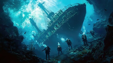 Underwater Exploration of a Shipwreck with Divers Captivating the Mysteries of the Deep Ocean in a Stunning Underwater Scene