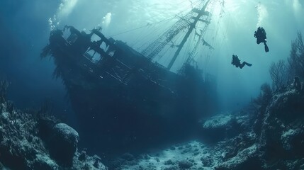 Underwater Exploration of a Majestic Shipwreck with Divers Capturing the Beauty and Mystery of Submerged History in the Depths of the Ocean