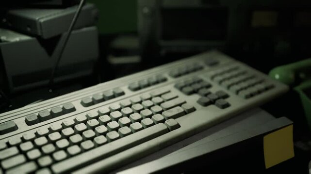 An old computer keyboard is placed on a desk cluttered with electronic devices in a dimly lit office. The low light enhances the nostalgic ambiance of the workspace.