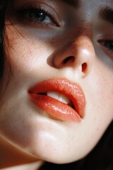 Naklejka premium Close-up of a woman's face with bold red lipstick