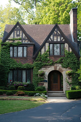 A classic brown and white brick home with ivy-covered walls, large windows, an arched wooden door, surrounded by lush greenery in the heart of a herbalism forest. A Tudor-style architecture house.