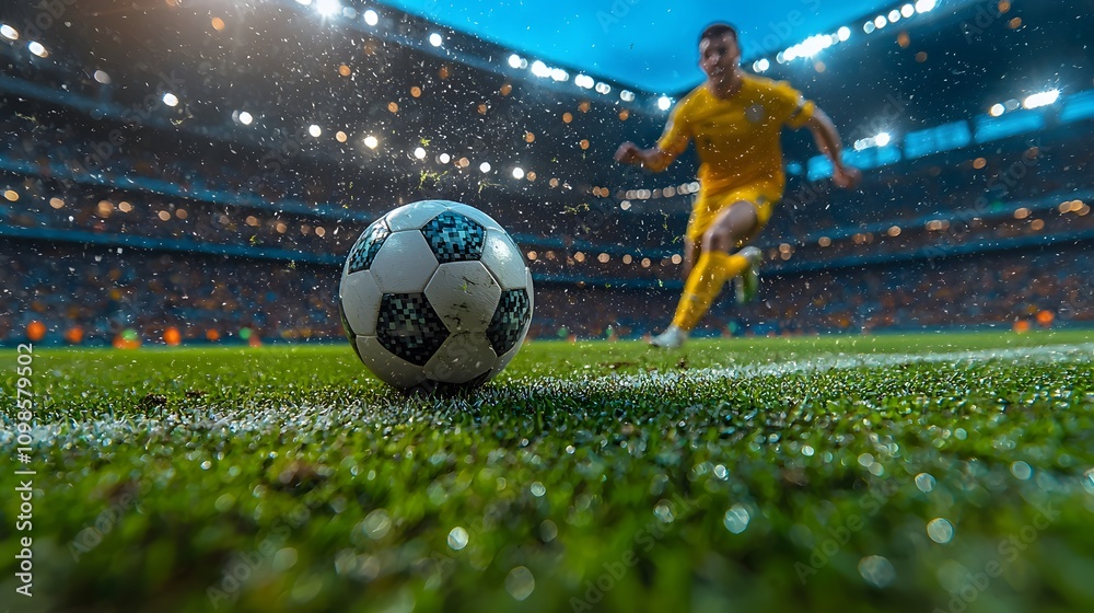 Poster Dynamic Action Shot of a Soccer Player in Yellow Uniform Capturing the Moment of Sprinting Towards a Ball on a Vibrant Rainy Match Day at a Packed Stadium