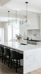 Fototapeta premium Stunning Modern White Marble Kitchen Island Featuring Elegant Seating, Sleek Design, and Beautiful Lighting for a Chic Culinary Space
