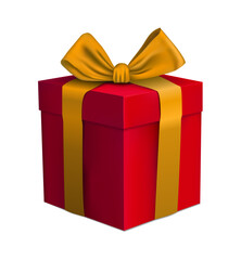 Obraz premium 3d gift. Red box with golden ribbon. Christmas or birthday present. Sale or discount shopping element. Holiday surprise. Giftbox for party. Vector isolated on white background illustration