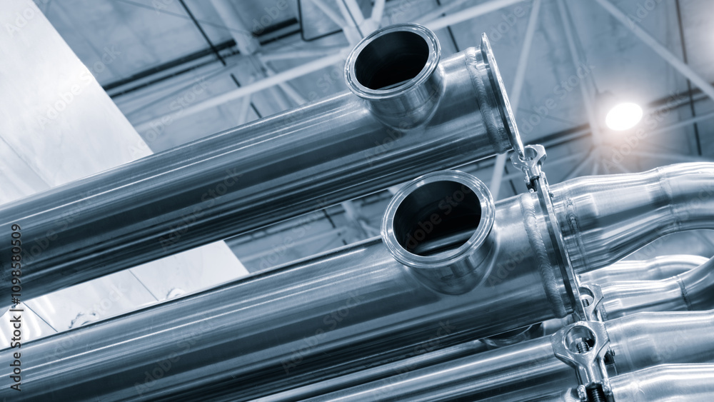 Aufkleber dairy machine cooling radiator with a row of stainless steel metal pipes with silver trim. the pipes