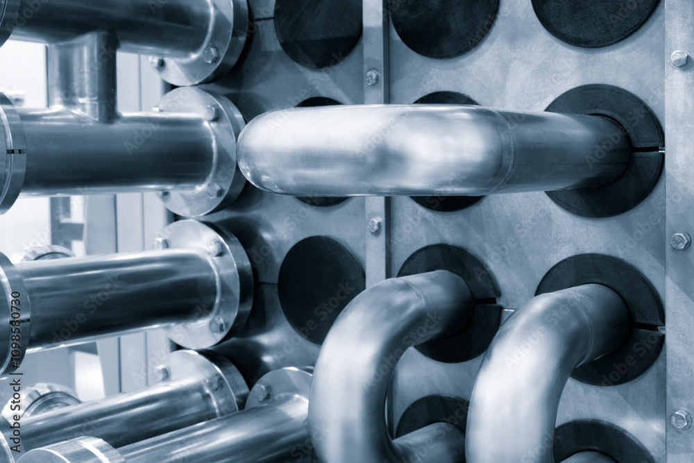 Poster dairy machine cooling radiator with a row of stainless steel metal pipes with silver trim. the pipes