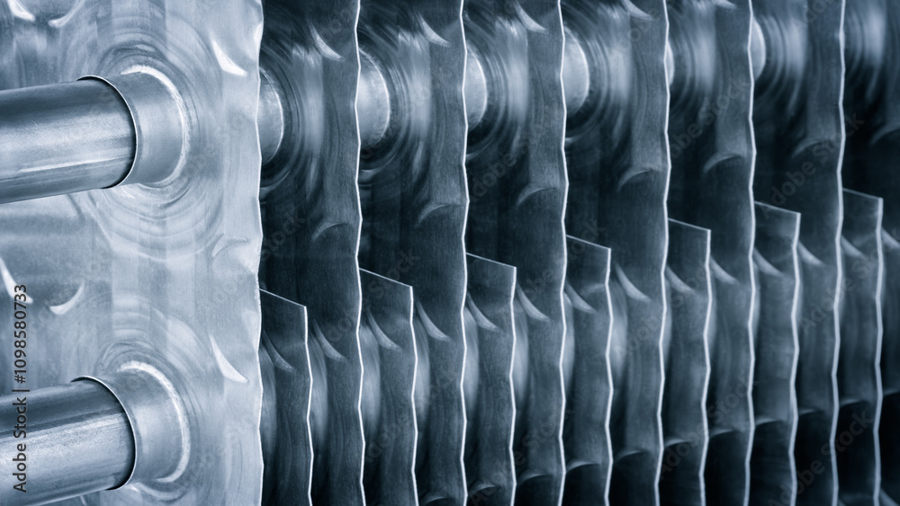Poster dairy machine cooling radiator with a row of stainless steel metal pipes with silver trim. the pipes
