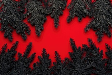 Pine branches set against a bright red background, suitable for holiday or winter-themed designs