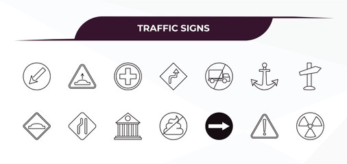 fully editable outline icon collection from traffic signs concept. thin line icons set such as keep left, hump, no trucks, danger, nuclear,