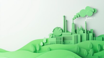 Naklejka premium A pure white background with a green eco-friendly factory emitting clean energy, symbolizing sustainable industrial practices, Simplified flat paper art illustration of