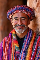 Fototapeta premium A smiling elderly man in vibrant traditional attire and a colorful woven hat stands confidently against a rustic background, radiating warmth and wisdom.