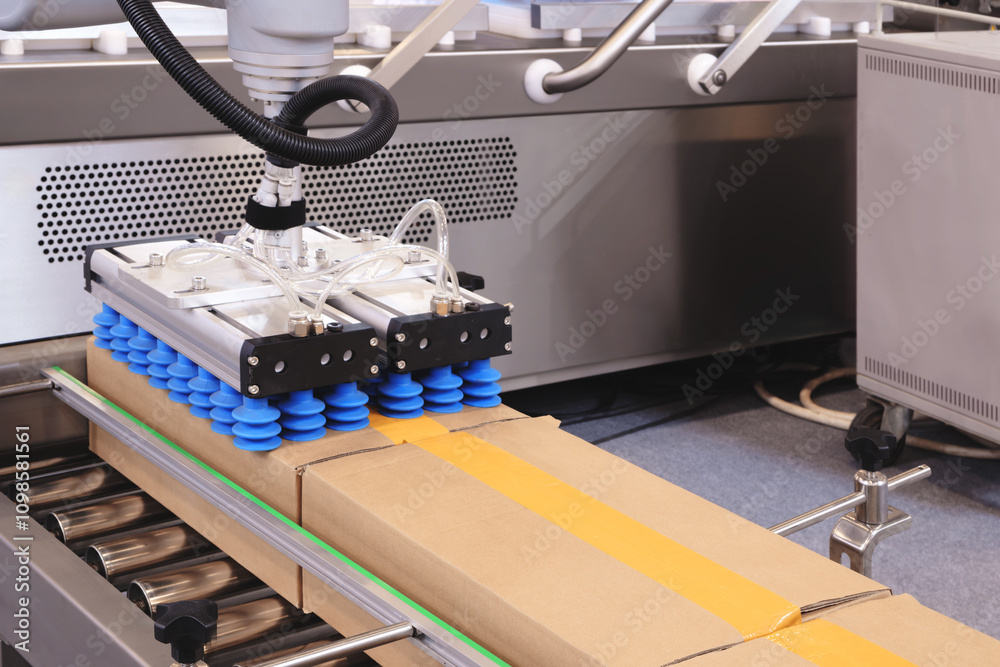 Poster a cardboard box is lifted from a metal conveyor by an automatic pneumatic machine with rubber suctio