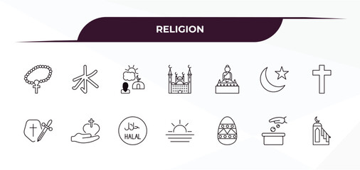 Fototapeta premium fully editable outline icon collection from religion concept. thin line icons set such as raya rosary, confucianism, great buddha, sadaqah charity, minbar,
