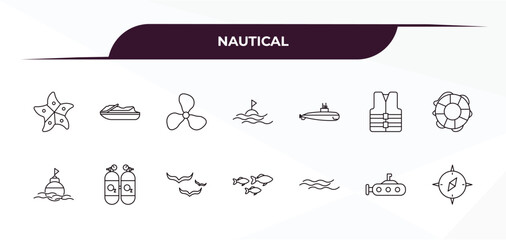 fully editable outline icon collection from nautical concept. thin line icons set such as speed boat facing right, facing right, yatch, fish shaped bait, double air tank, © Design_Farm