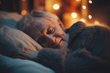 An elderly man rests peacefully on a soft pillow, illuminated by gentle, warm lights, symbolizing serenity, comfort, and the tranquility of rest in old age.