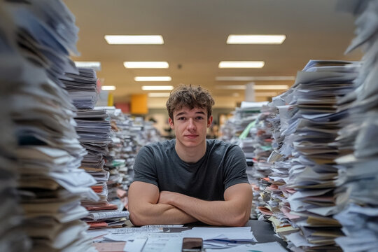 A young man sitting at a cluttered desk surrounded by towering stacks of documents, highlighting stress and workplace challenges in a busy office environment. - Powered by Adobe