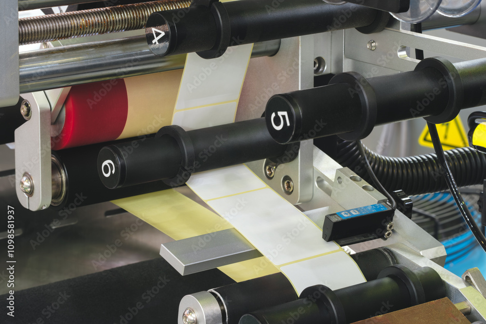 Poster fragment of the conveyor of sticking labeling machine. abstract industrial background.