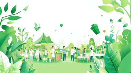 A pure white background with a green eco-friendly festival, symbolizing sustainable events and waste-free gatherings, Simplified flat paper art illustration of