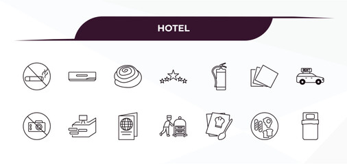 Fototapeta premium fully editable outline icon collection from hotel concept. thin line icons set such as no smoking, air conditioner, fire extinguisher, breakfast, single bed,