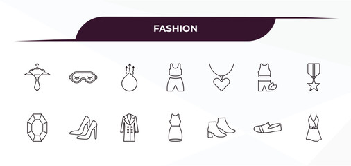 fully editable outline icon collection from fashion concept. thin line icons set such as ties on hanger, sleeping mask, heart pendant, one shoe, dress with belt,