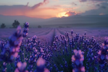 Fototapeta premium Field of purple flowers against a warm sunset backdrop