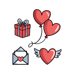 Valentine's Day Cute Elements Set On White Background.