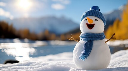 Obraz premium A happy snowman with a blue scarf beams in a sunny winter scene, surrounded by snowy fields and mountains, embodying the joy of the season.