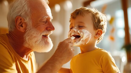 A heartwarming scene of a grandfather feeding cake to his grandchild, celebrating love, warmth, and the joy of shared moments in family life.
