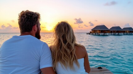 Fototapeta premium Partners sit closely on a deck, observing a beautiful sunset over calm waters near idyllic water villas, creating a serene and picturesque landscape scene.