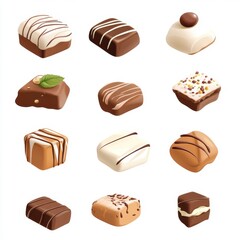 Fototapeta premium An array of assorted chocolates displayed on a sleek white background, showcasing various shapes and textures. The image is a visual ode to indulgence and variety.