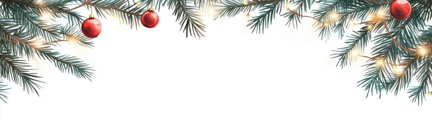 Obraz premium Fir tree branches with a garland of lights on a white background