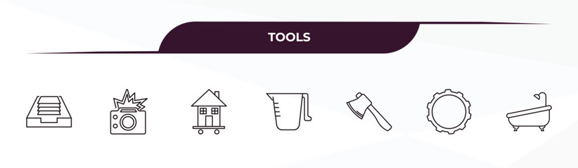 fully editable outline icon collection from tools concept. thin line icons set such as tray for papers, camera with flash, house on wheels, , bath tub,