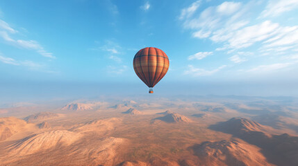 Fototapeta premium hot air balloon floats peacefully over vast desert landscape, showcasing serene beauty of nature. warm colors of balloon contrast with earthy tones of terrain
