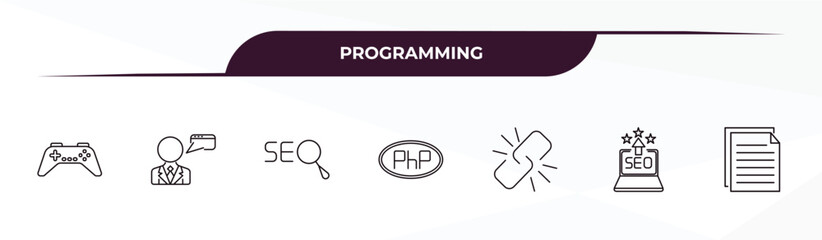Obraz premium fully editable outline icon collection from programming concept. thin line icons set such as console, seo consulting, seo, seo reputation, article,