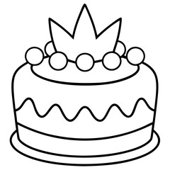 Black and white outline of a king's cake with decorative elements, simple design 