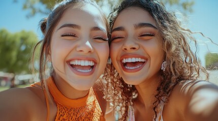 Fototapeta premium Two girls laughing and smiling as they take a selfie together