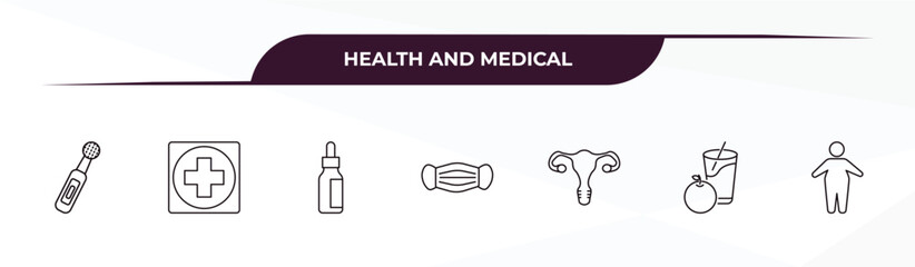 fully editable outline icon collection from health and medical concept. thin line icons set such as electric toothbrush, medical, serum, orange juice, fat,