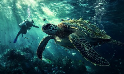 Obraz premium Diver, sea turtle, ocean plastic pollution.