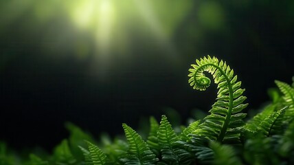 Spiraling fiddlehead fern in golden ratio perfection, illuminated by natural sunlight