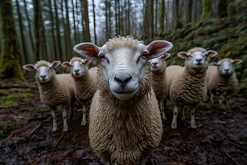 Fototapeta premium Charming Sheep in a Lush Green Pasture Under a Golden Sunset, Ideal for Agricultural Themes, Sustainability Campaigns, and Rural Tourism Promotions